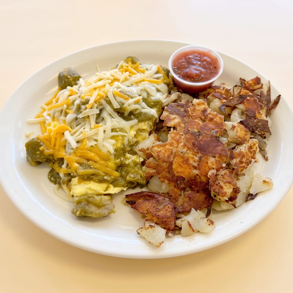 Scrambled eggs with green chile and cheese, crispy hash browns, and salsa.
