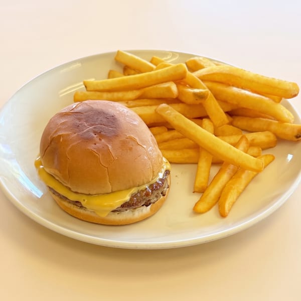 Cheeseburger with melted cheddar cheese and a pile of golden french fries on a white plate.