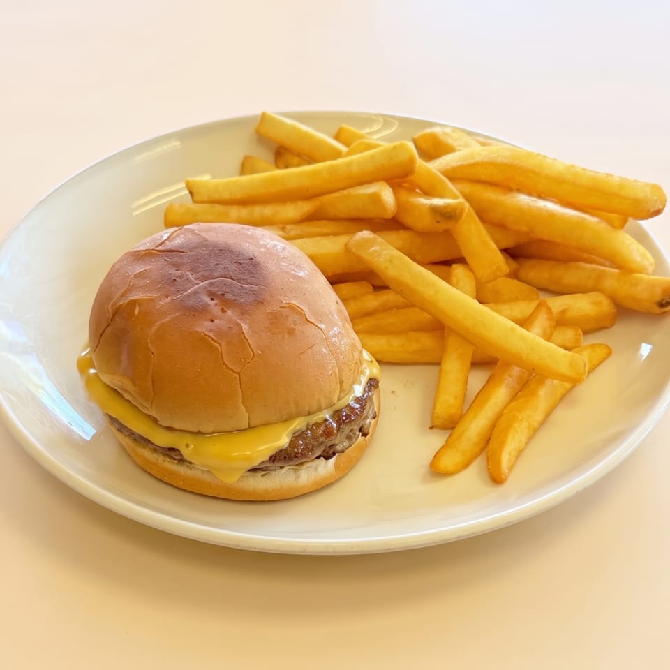 Cheeseburger with melted cheddar cheese and a pile of golden french fries on a white plate.