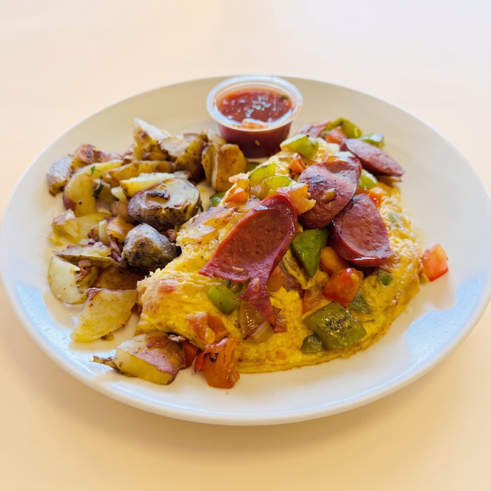 A breakfast plate with an omelet topped with sausage and peppers, alongside roasted potatoes and salsa.